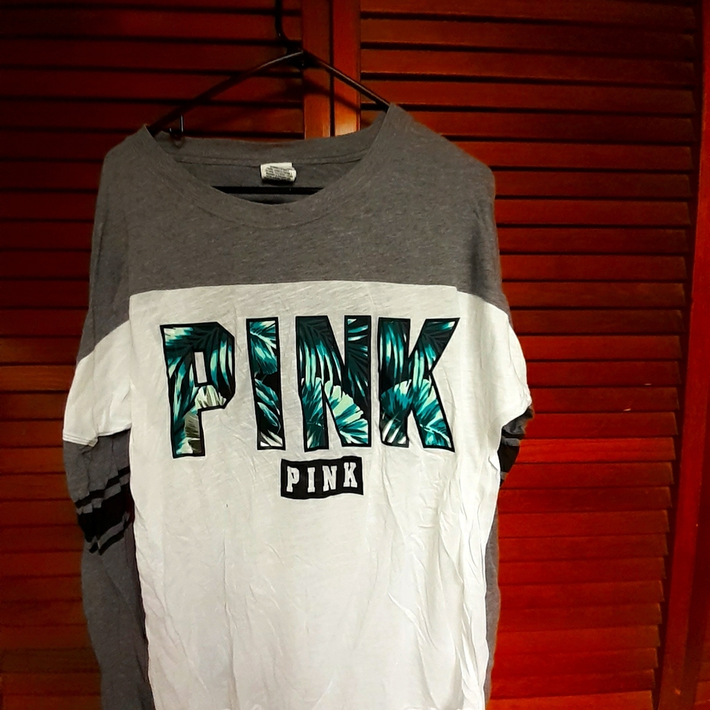 PINK Victoria's Secret Gray and White Long Sleeve Tee